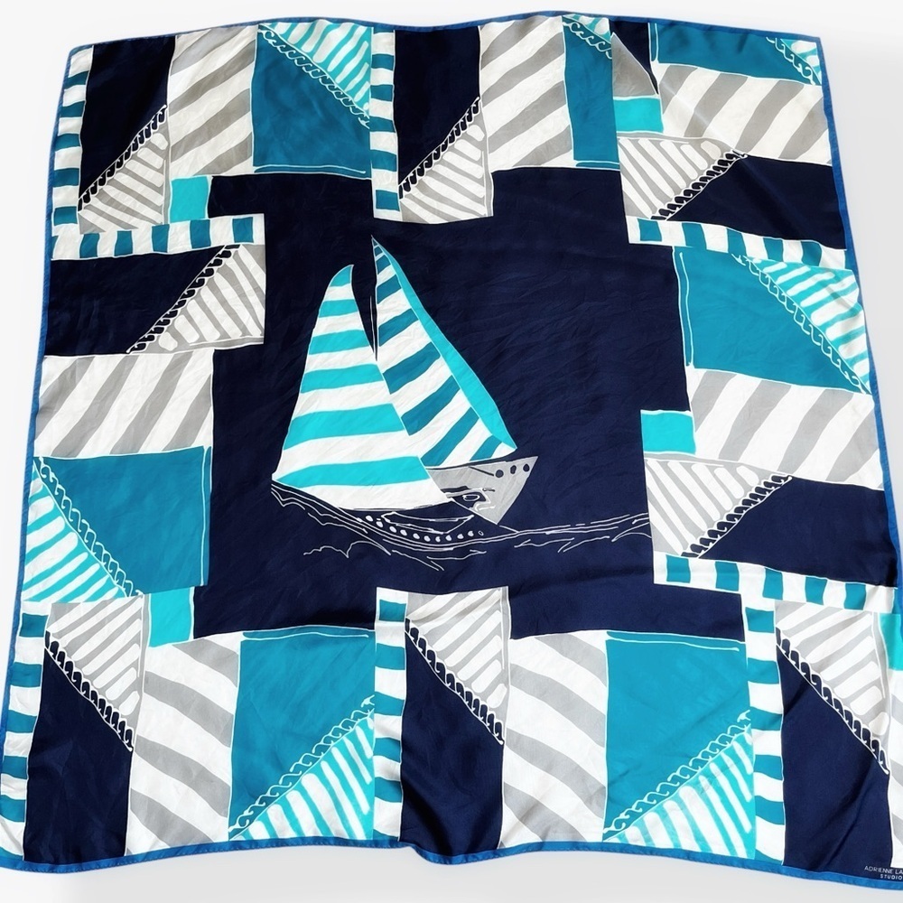 VTG 80s Adrienne Landau Elegant Blue and White Scarf Wrap Nautical Boaters 34.5” - Picture 5 of 9
